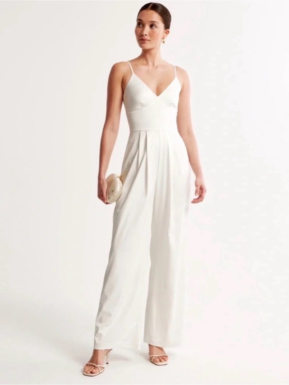 Abercrombie & Fitch White V-Neck Wide-Leg Jumpsuit with Spaghetti Straps